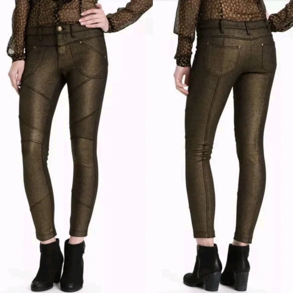 Free People Black Gold Metallic Moto Legging Jegging Pants Women's Size 26